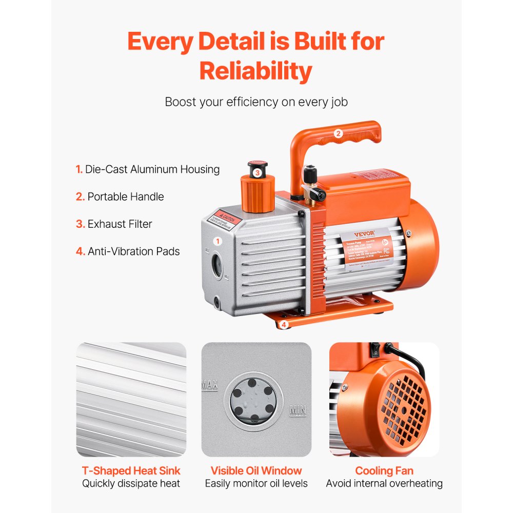 VP245 - 6CFM HVAC Vacuum Pump with Oil & Copper Motor