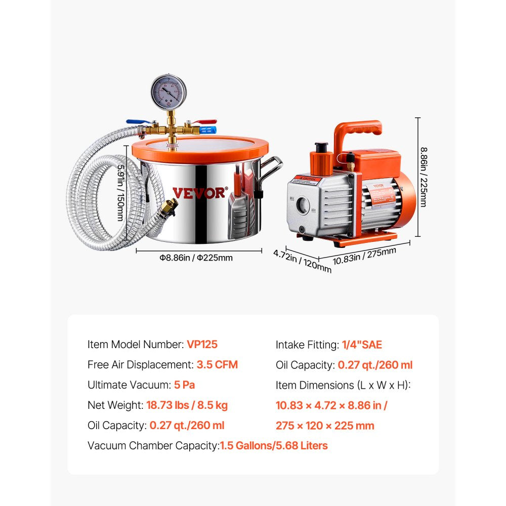 VP125 - 1.5 Gallon Stainless Steel Vacuum Chamber & 3.5 CFM Pump