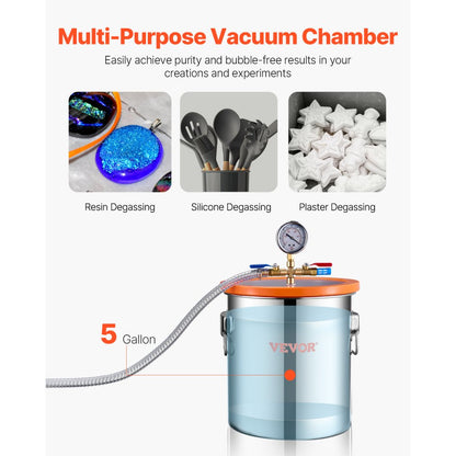 VP125 - 5-Gallon Stainless Steel Vacuum Chamber Kit with Acrylic Lid
