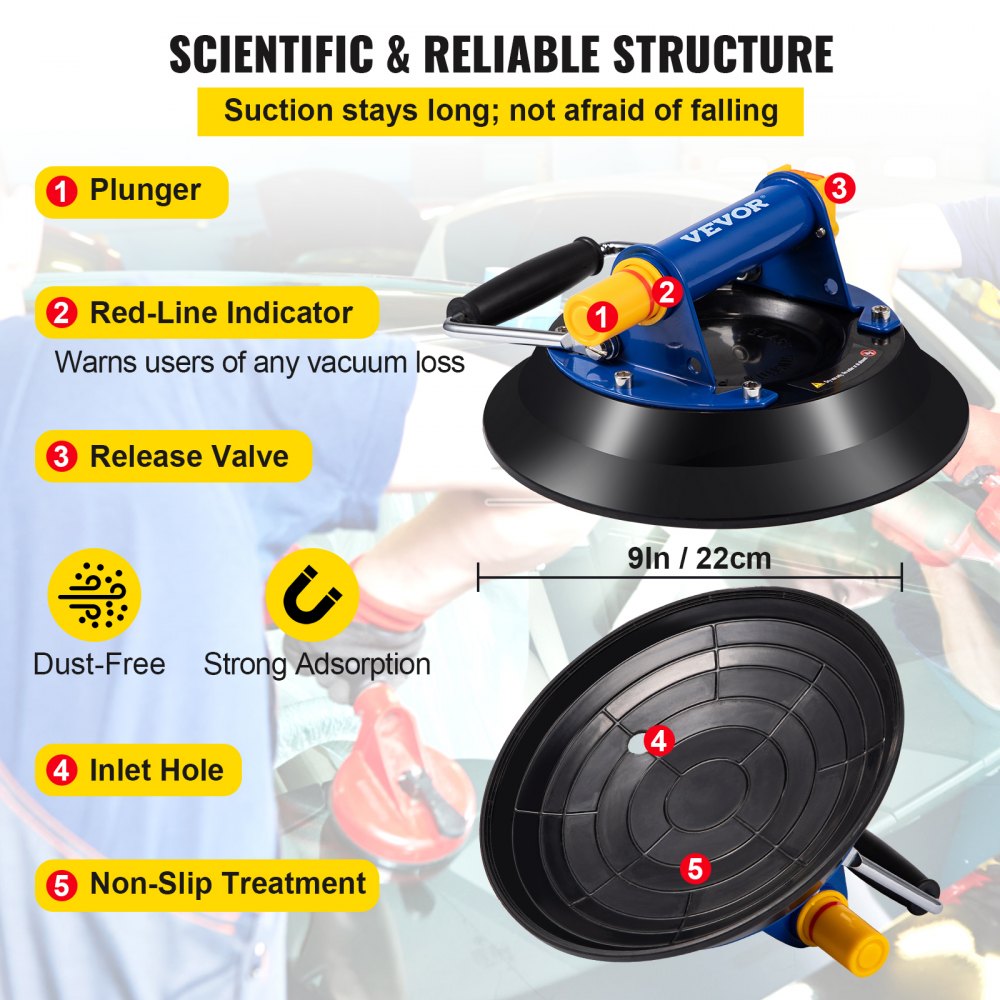 VV-MLH-LM9 - 9'' Vacuum Suction Cup Glass Lifter for 385 lbs Capacity