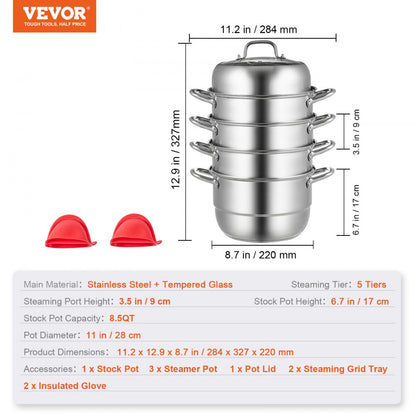 010464245422 - 11'' 5-Tier Stainless Steel Steamer with Dual Handles