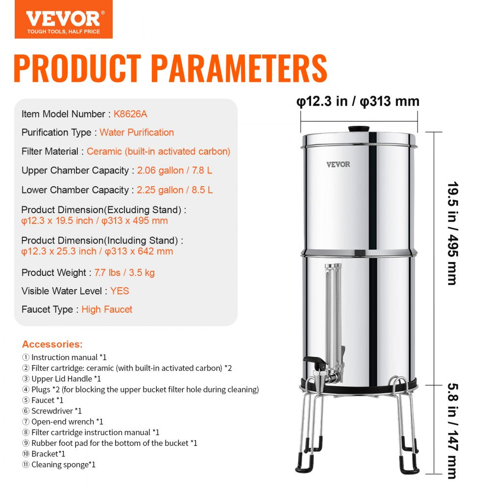 k8626A - Durable Stainless Steel Gravity Water Filter for 1-4 People