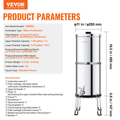 k8626A - Stainless Steel Gravity Water Filter System for 1-4 People