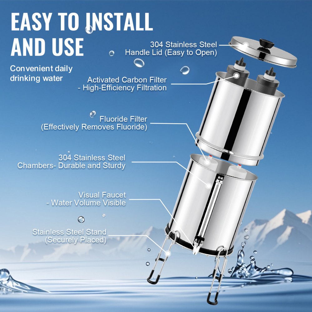 k8626A - Compact Stainless Steel Gravity Water Filter for 1-4 People