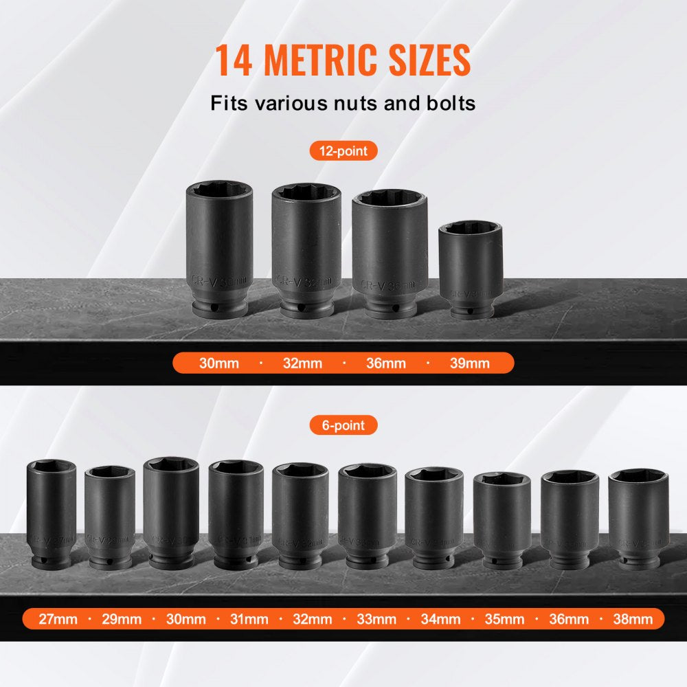 1/2ZTT4 - 14-Piece Impact Socket Set for Axle Nuts and Bolts