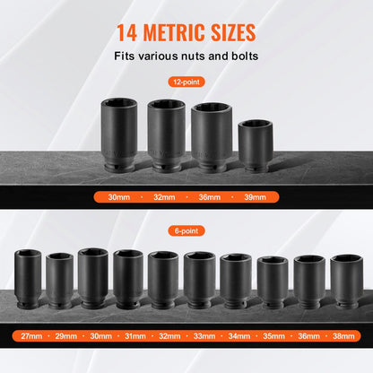 1/2ZTT4 - 14-Piece Impact Socket Set for Axle Nuts and Bolts