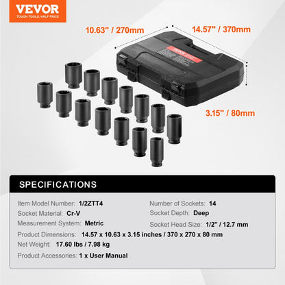 1/2ZTT4 - 14-Piece Impact Socket Set for Axle Nuts and Bolts