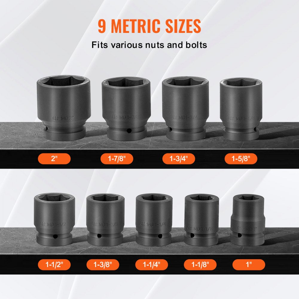 1"ZTT8 - 9PCS VEVOR 6-Point Axle Nut Socket Set in Storage Case