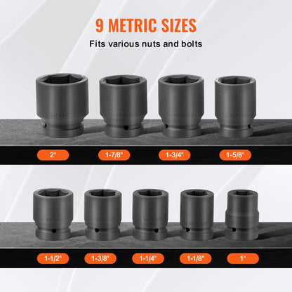1"ZTT8 - 9PCS VEVOR 6-Point Axle Nut Socket Set in Storage Case