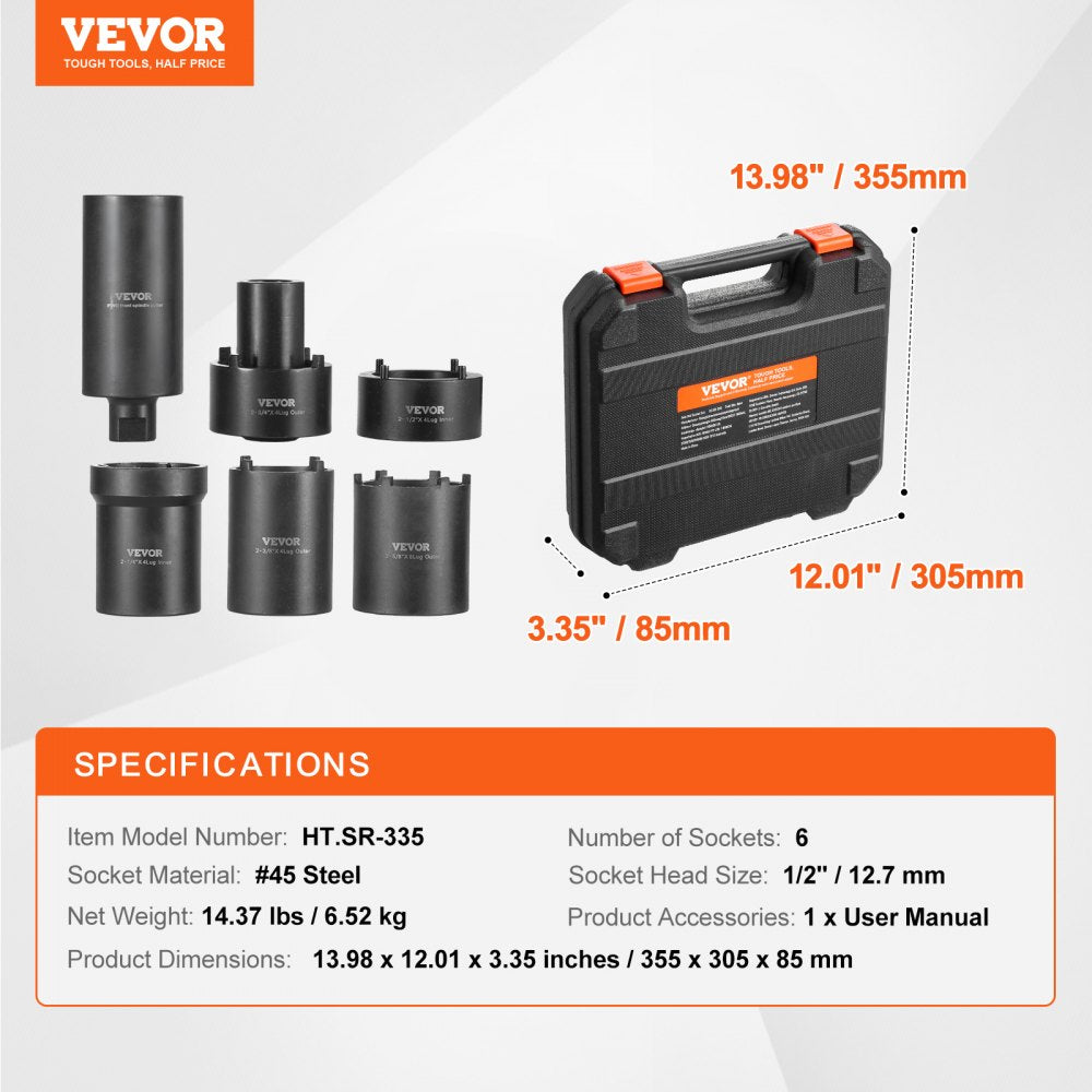 HT.SR-335 - VEVOR 1/2" Drive 6-Piece Spindle Nut Socket Set with Toolbox