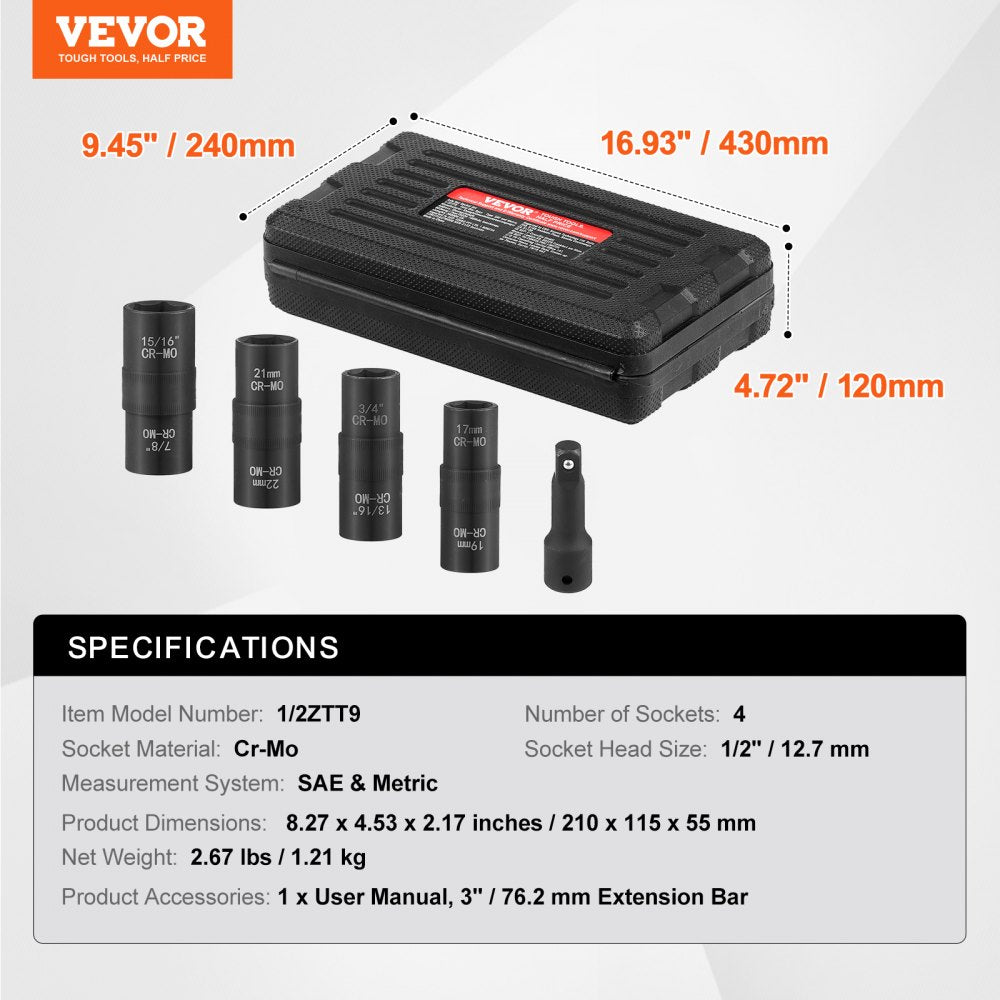 1/2ZTT9 - VEVOR 1/2" Lug Nut Socket Set with 3" Extension
