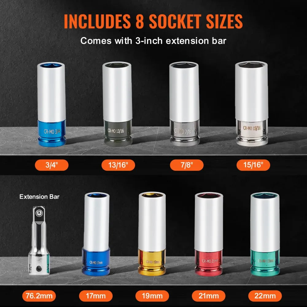 1/2ZTT10 - 8-Piece VEVOR Socket Set with 3" Extension, 1/2" Drive