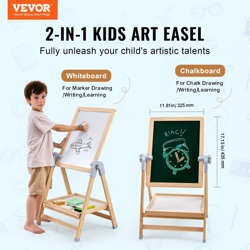 AC7812A - Adjustable 27-38" Double-Sided Wooden Art Easel for Kids
