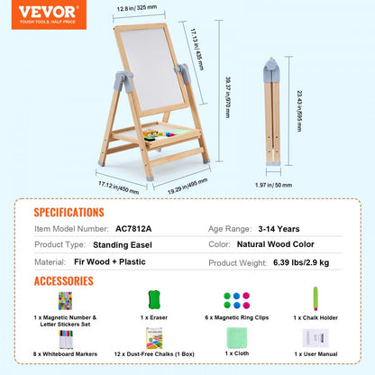 AC7812A - Adjustable 27-38" Double-Sided Wooden Art Easel for Kids