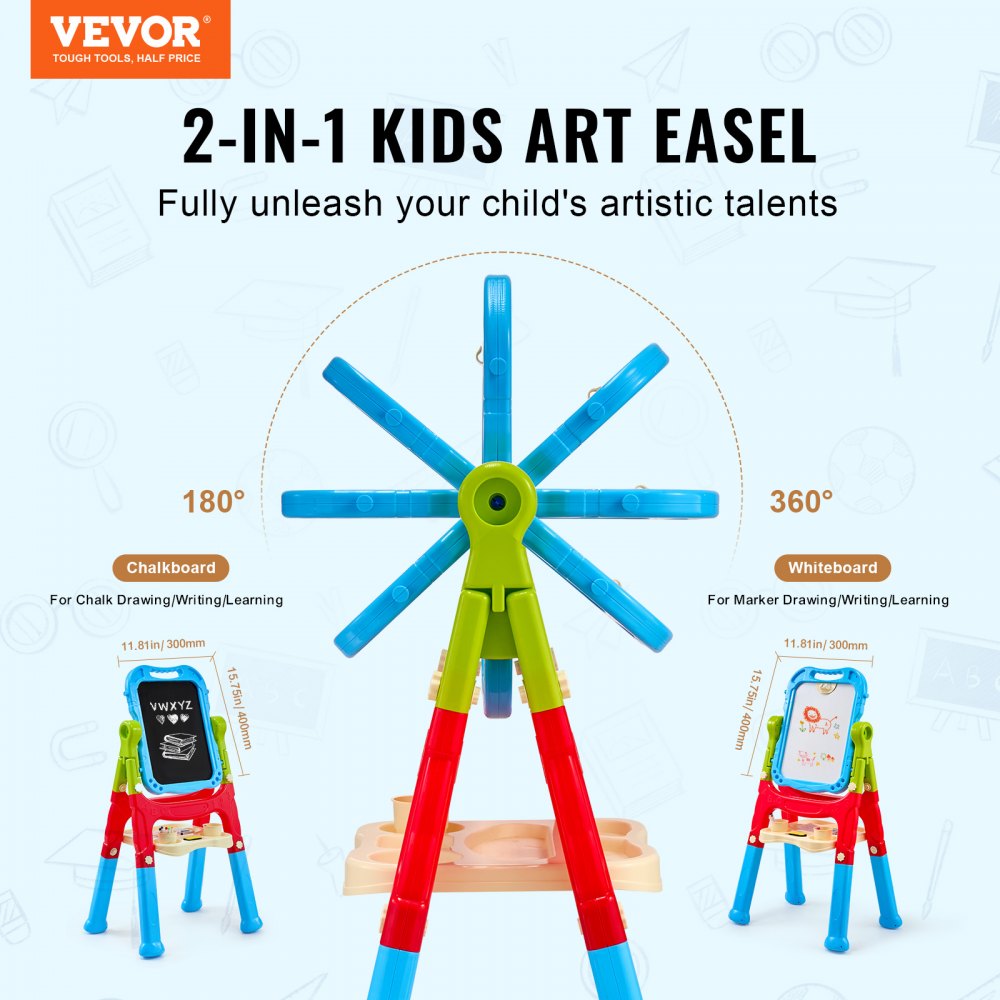 JY991303 - 2-in-1 Adjustable Kids Easel with Rotating Chalkboard and Whiteboard