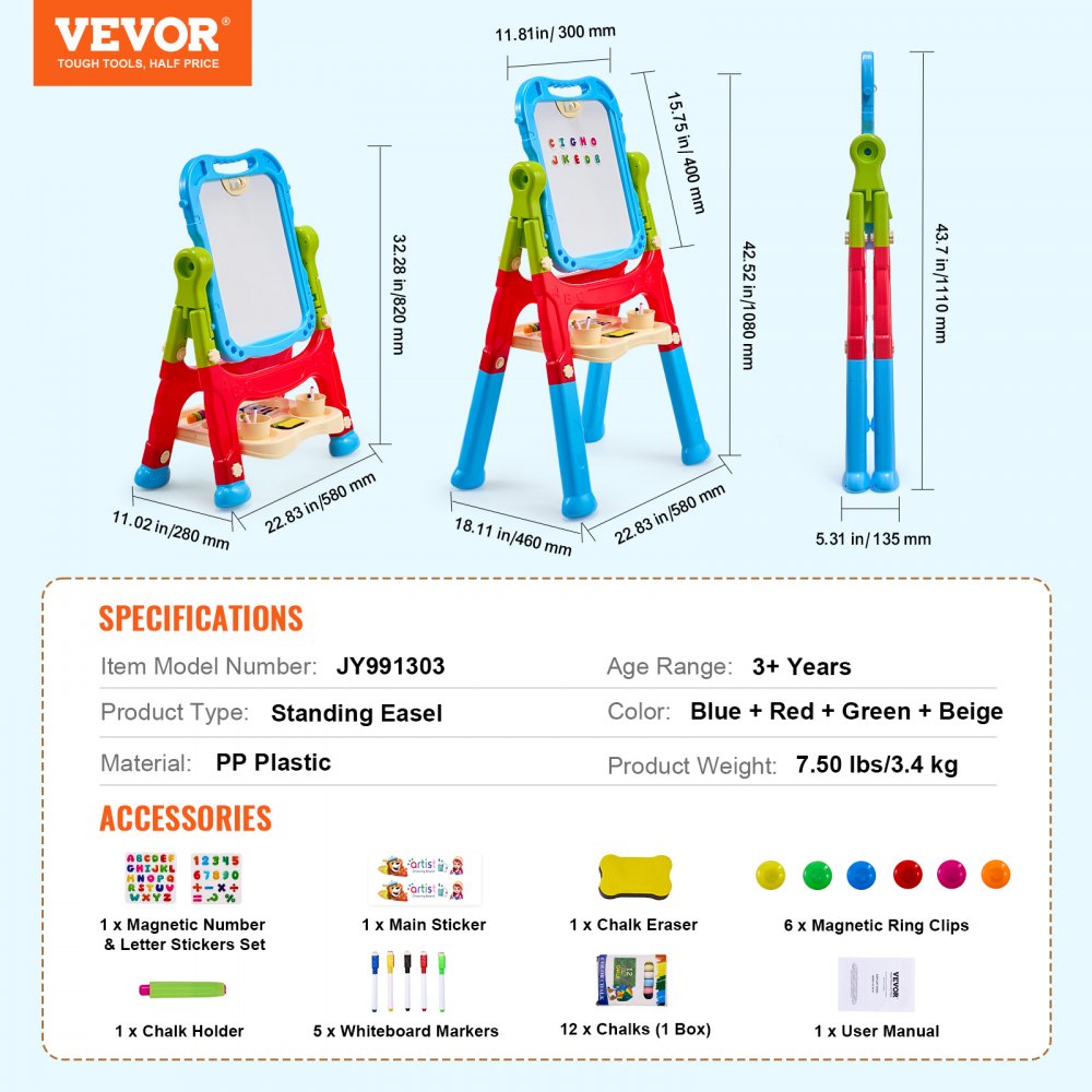 JY991303 - 2-in-1 Adjustable Kids Easel with Rotating Chalkboard and Whiteboard