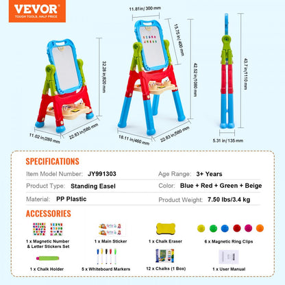 JY991303 - 2-in-1 Adjustable Kids Easel with Rotating Chalkboard and Whiteboard