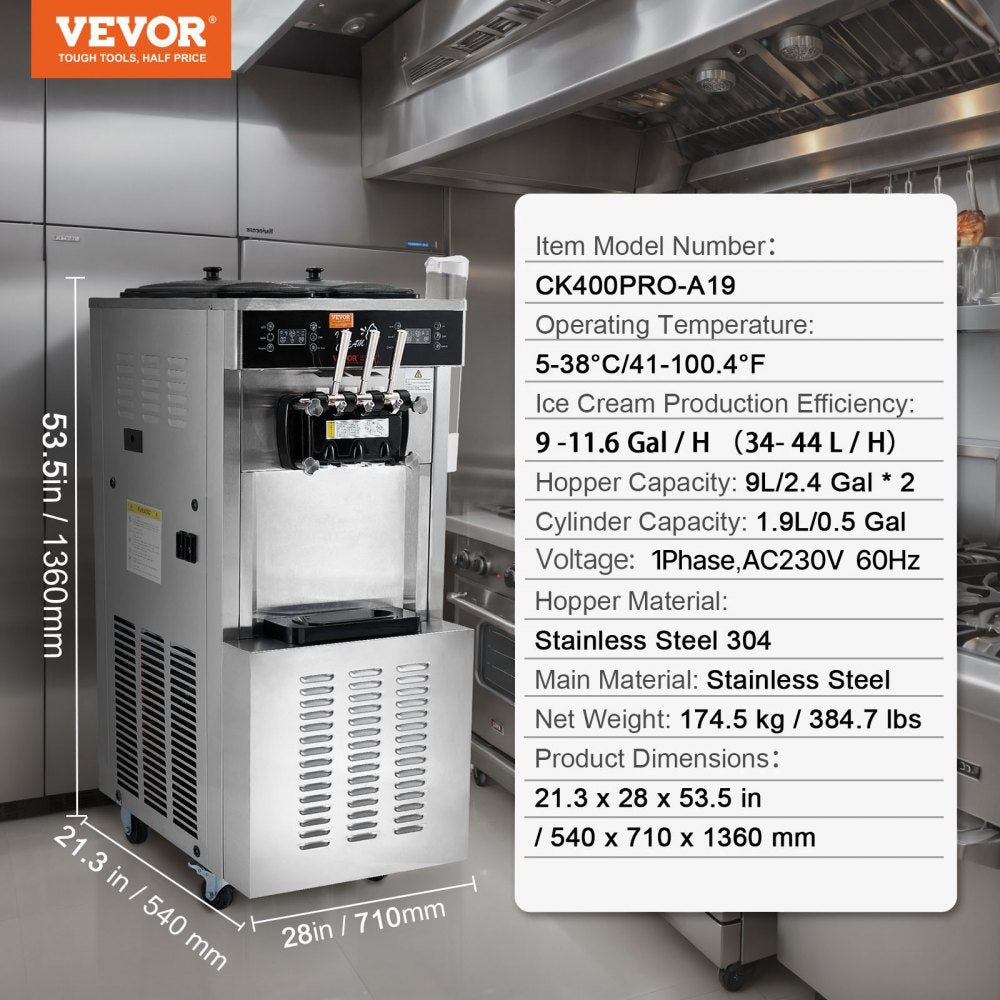 CK400PRO-A19 - VEVOR 34-44L/H Soft Serve Ice Cream Maker with Dual Compressors