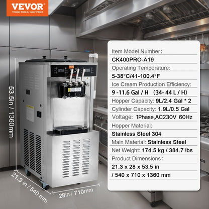 CK400PRO-A19 - VEVOR 34-44L/H Soft Serve Ice Cream Maker with Dual Compressors