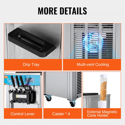 D425 - 21-31 L/H VEVOR 3-Flavor Soft Serve Ice Cream Machine