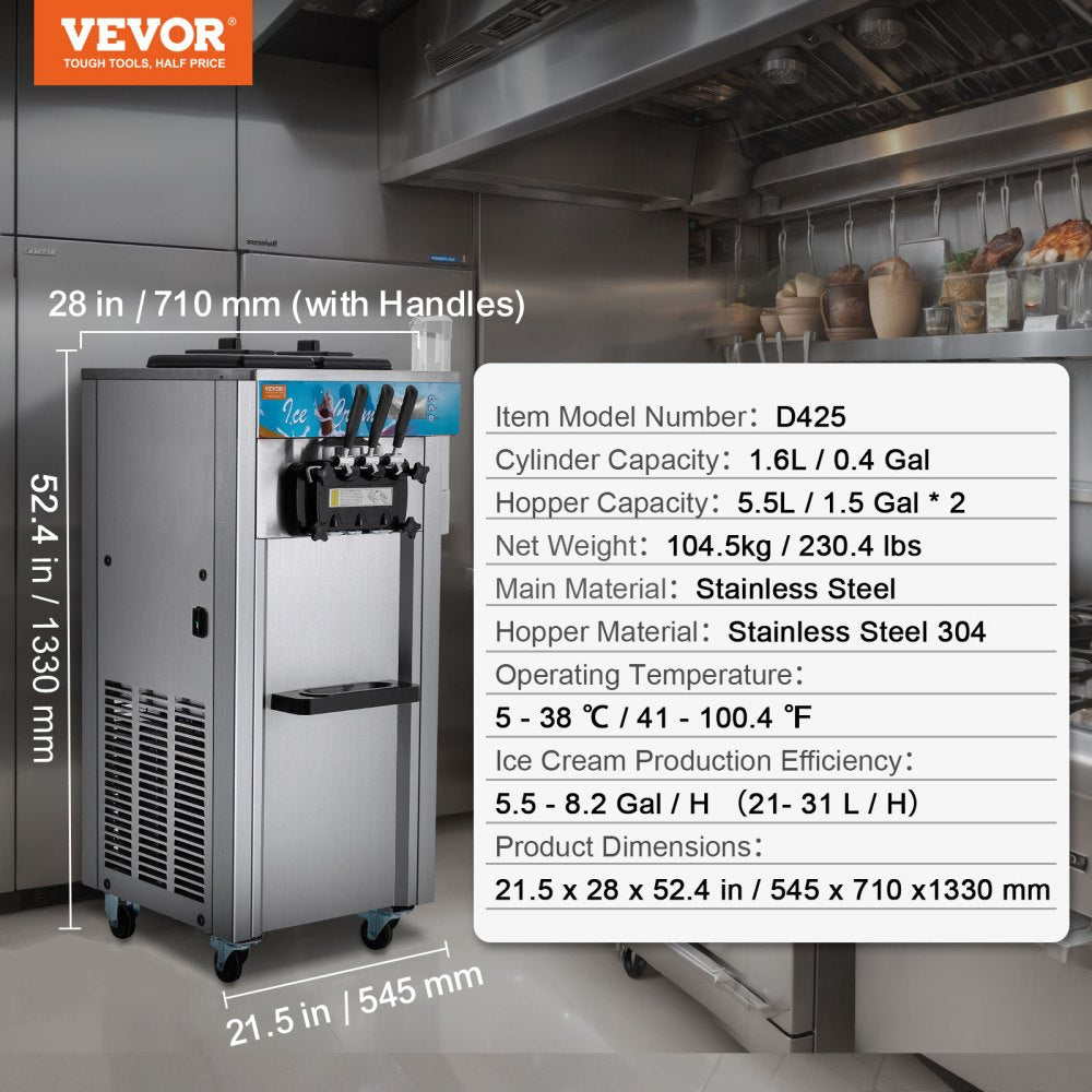 D425 - 21-31 L/H VEVOR 3-Flavor Soft Serve Ice Cream Machine