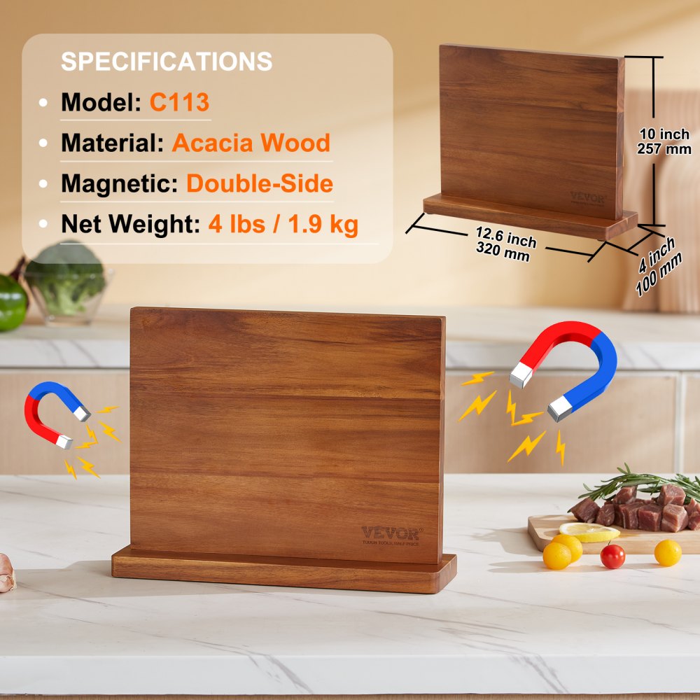 C113 - Double-Sided Acacia Magnetic Knife Block for Easy Organization