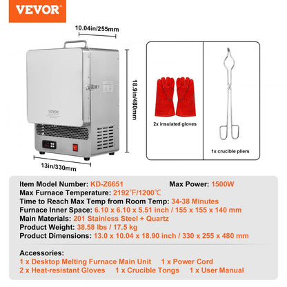 KD-Z6651 - VEVOR 1500W Kiln, 13"x10"x19", Stainless Steel, PID Control