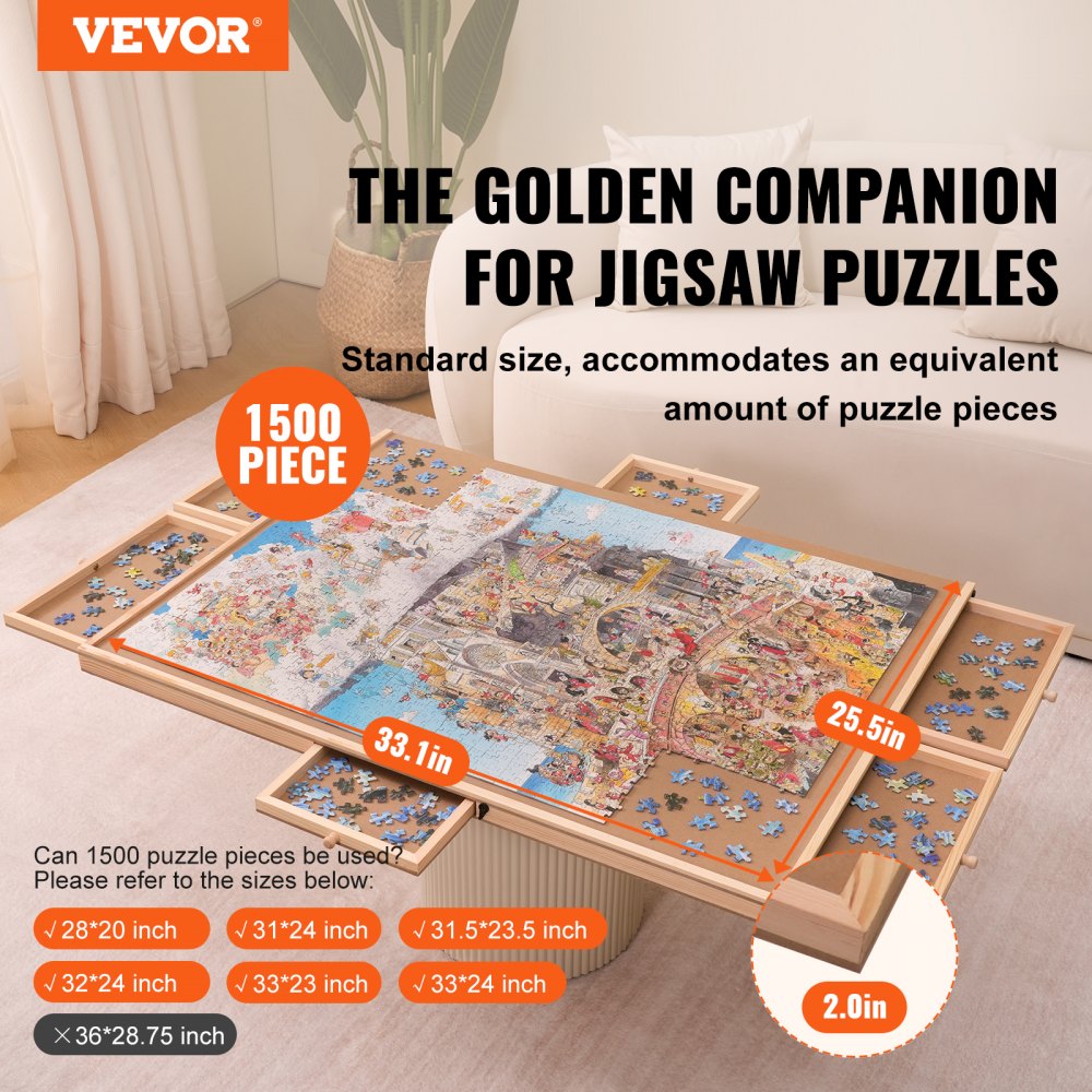 JR-1500 - 32.7"x24.6" Pine Puzzle Board with 6 Drawers & Cover