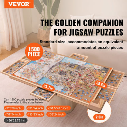 JR-1500 - 32.7"x24.6" Pine Puzzle Board with 6 Drawers & Cover