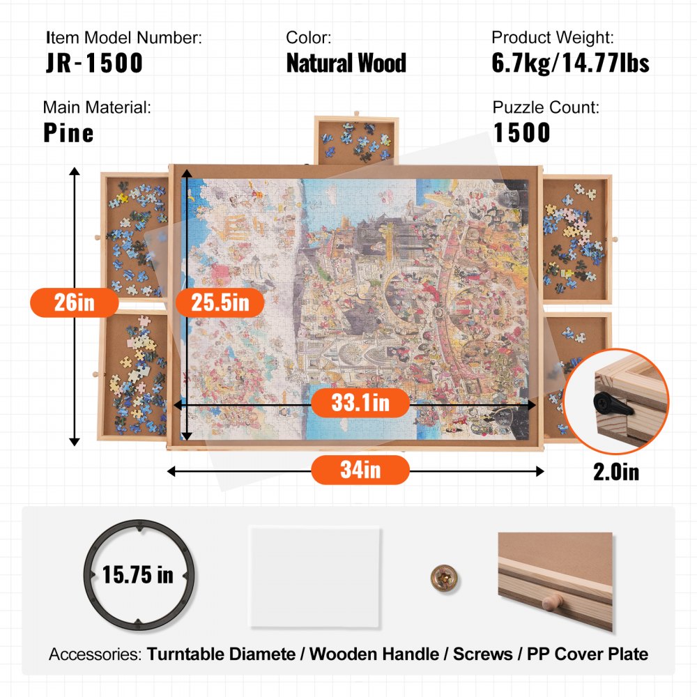 JR-1500 - 32.7"x24.6" Pine Puzzle Board with 6 Drawers & Cover