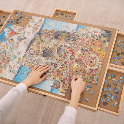 JR-1500 - 32.7"x24.6" Pine Puzzle Board with 6 Drawers & Cover