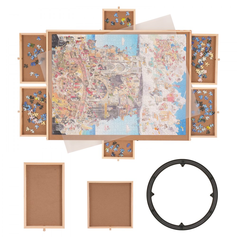 JR-1500 - 32.7"x24.6" Pine Puzzle Board with 6 Drawers & Cover