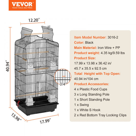 3016-2 - 39" VEVOR Hanging Bird Cage with Double Doors & Cleaning Tray