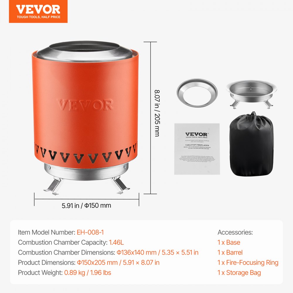 EH-008-1 - 6" Smokeless Stainless Steel Tabletop Fire Pit for Outdoor Relaxation