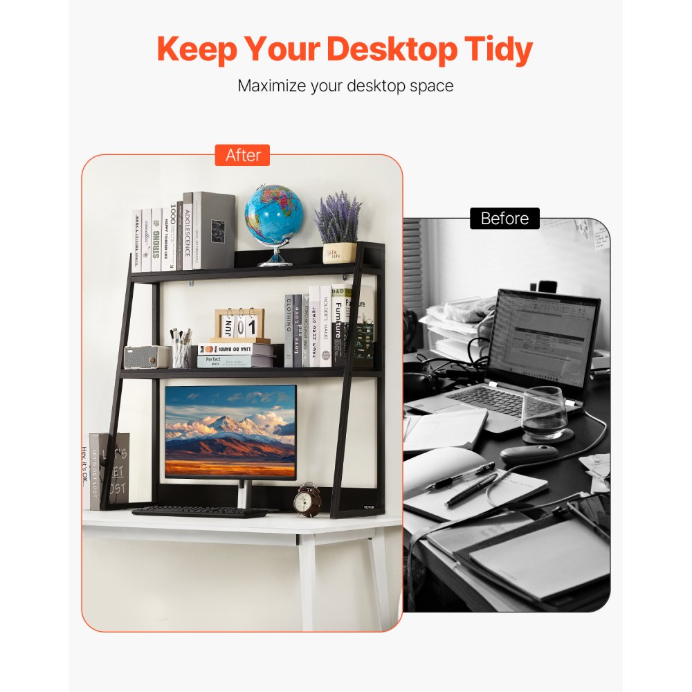 KLBS-07 - 37.4" Black 2-Tier Desktop Bookshelf for Organized Workspaces