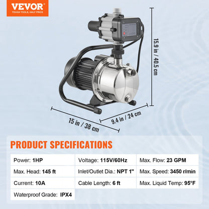 XKJ-1104SE - 1HP Shallow Well Pump with Auto Controller for Strong Water Pressure
