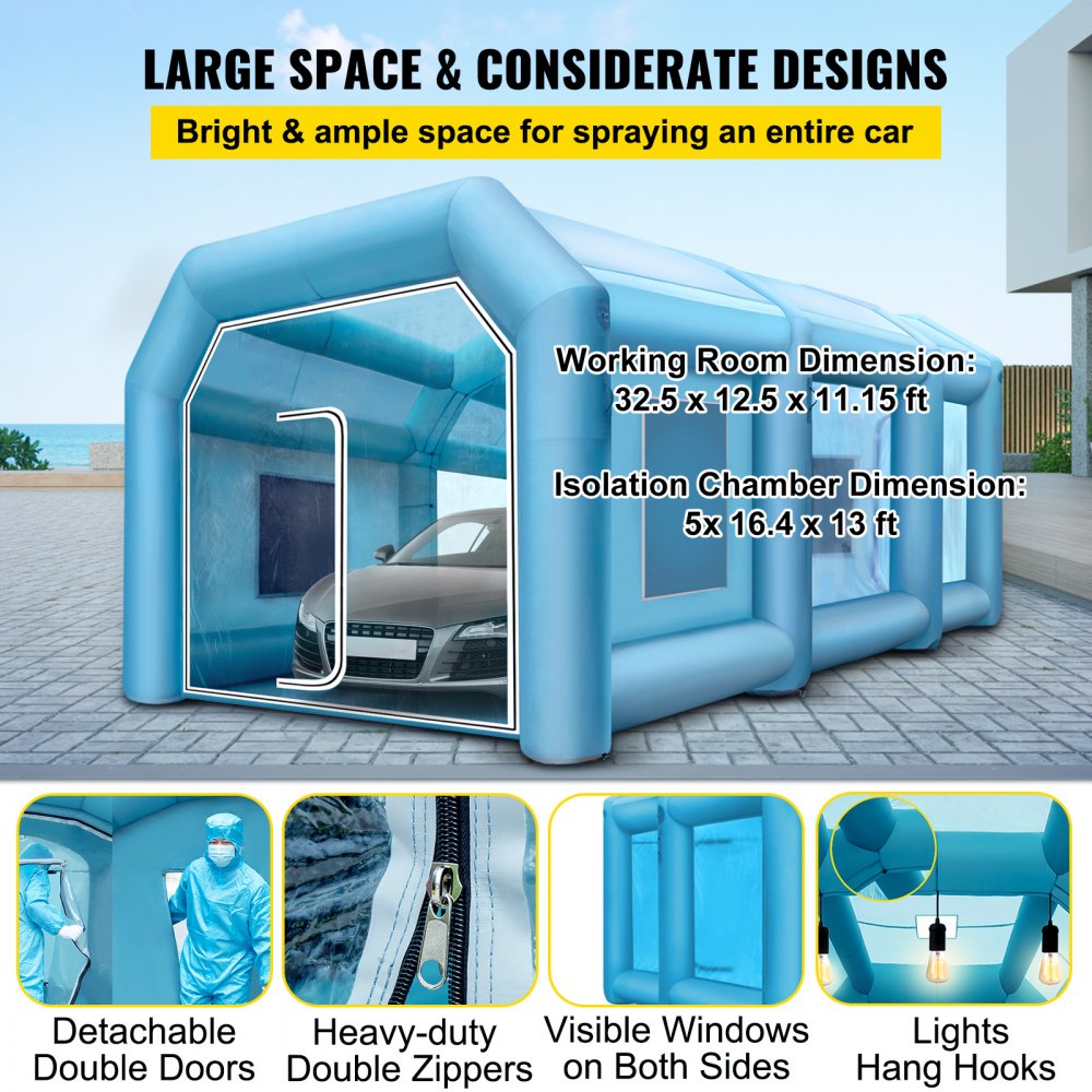 PQZP-9855 - Spacious 39.3ft Inflatable Paint Booth with Filtration & Blowers