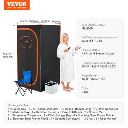 ML-6069-U - VEVOR Portable Full-Size Steam Sauna Tent with Skylight