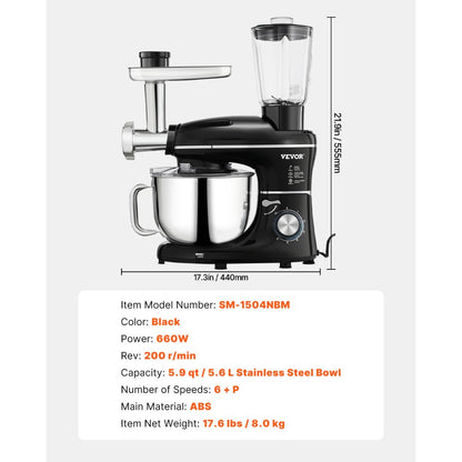 SM-1504NBM - 5.9qt Durable Stand Mixer with 6 Speeds & Attachments