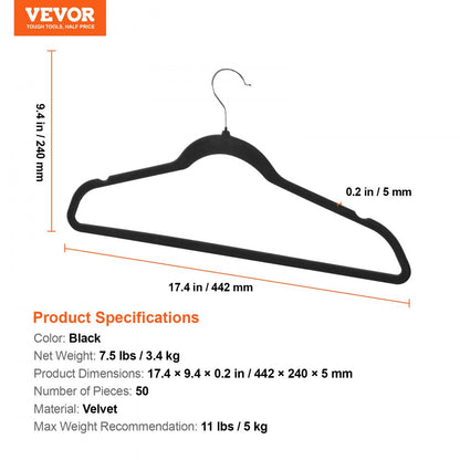 ZR048 - 50 Pack Velvet Hangers, 0.2in Thin, 11lbs Capacity