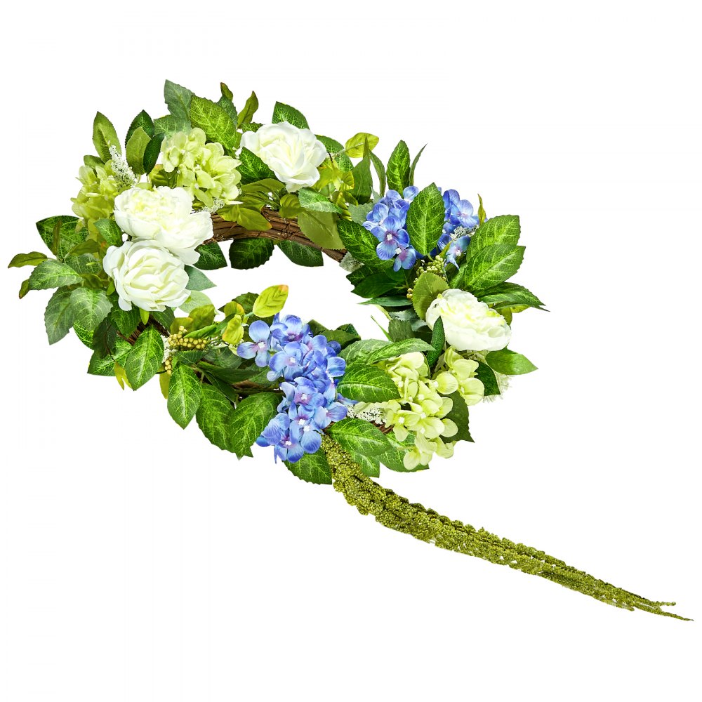 WA53361 - 23" Silk Floral Wreath in Blue, White & Green for Year-Round Decor