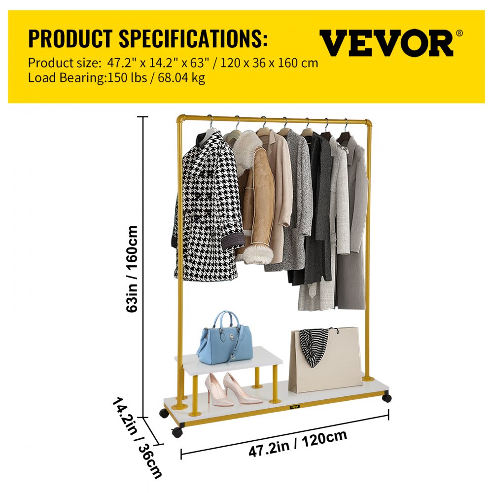 MS1216-2C - Stylish 63" Garment Rack with Gold Finish and 150 lbs Capacity