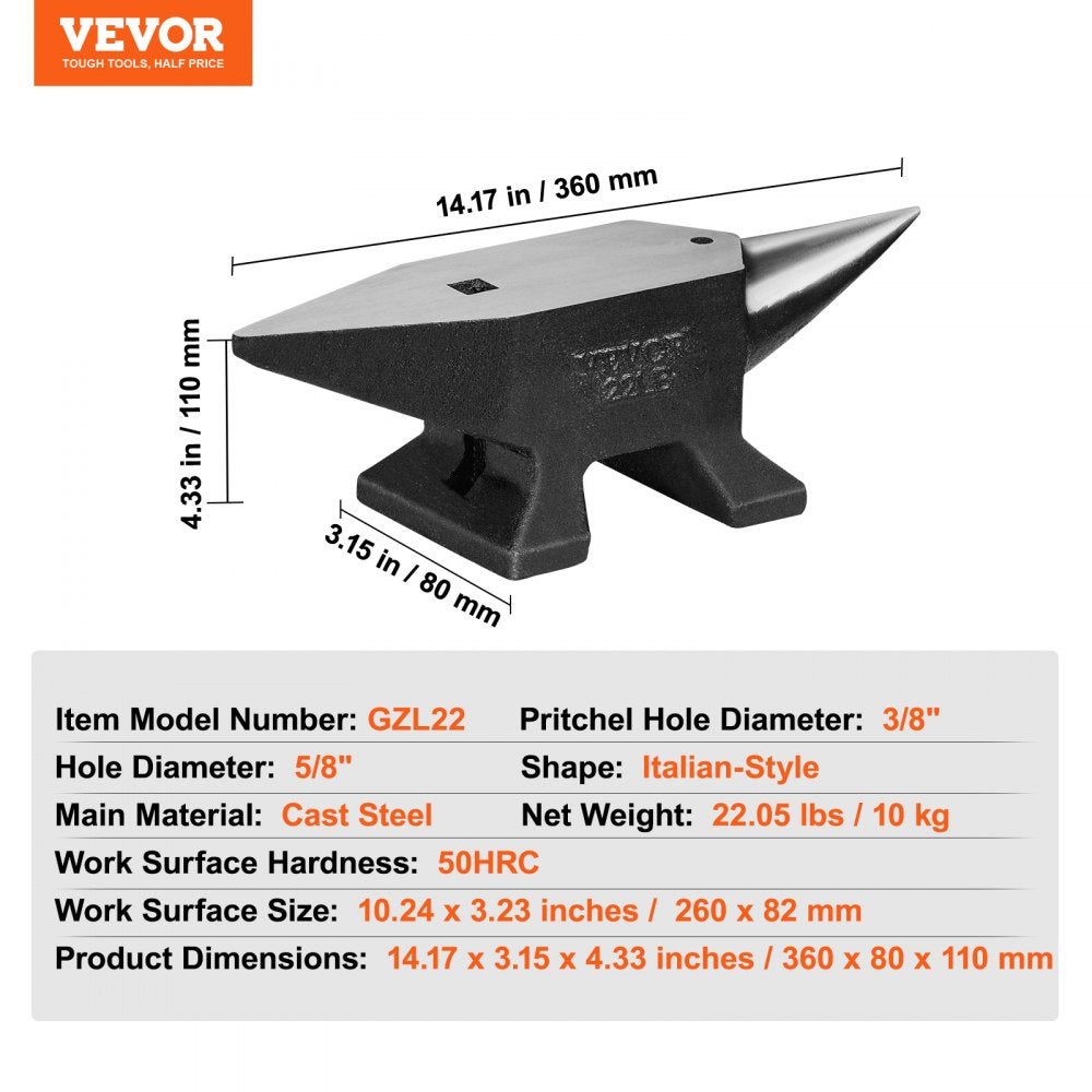 GZL22 - 22lb VEVOR Single Horn Anvil, 10.24x3.23" for Precision Smithing
