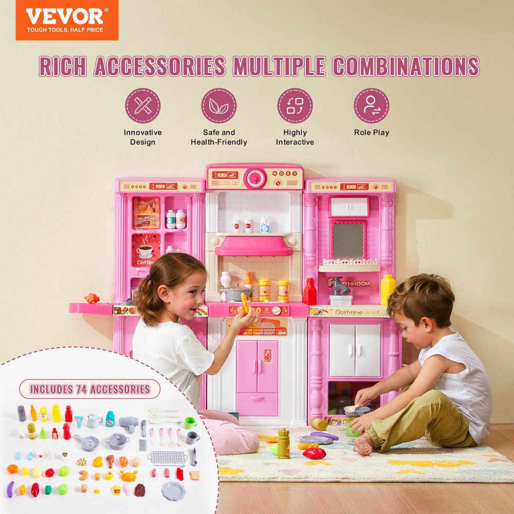 1234-7F - 50.4" 3-in-1 Pink Kitchen Playset for Kids
