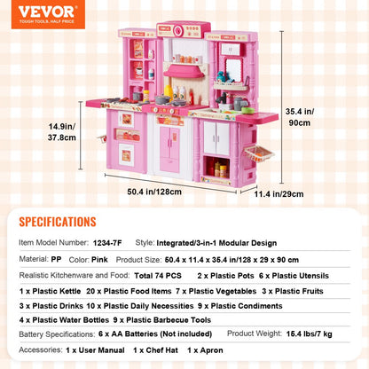 1234-7F - 50.4" 3-in-1 Pink Kitchen Playset for Kids