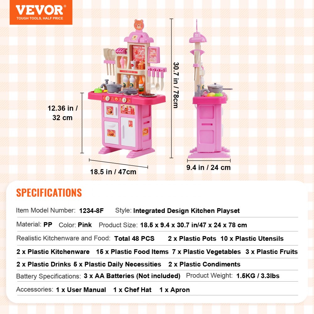 1234-8F - VEVOR Kids Compact Kitchen Playset with Realistic Sounds and Lights