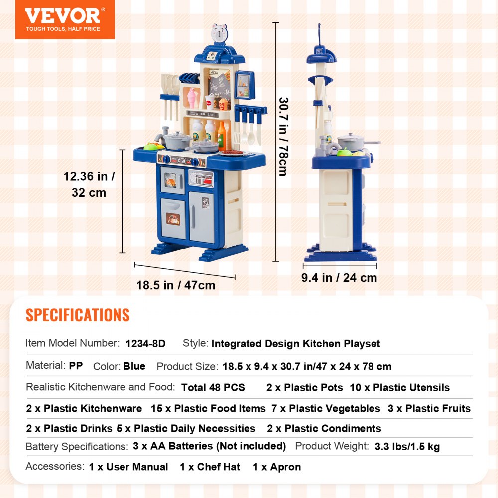 1234-8D - Compact VEVOR Kids Kitchen Set with Lights & Sounds - 18.5 x 9.4 in