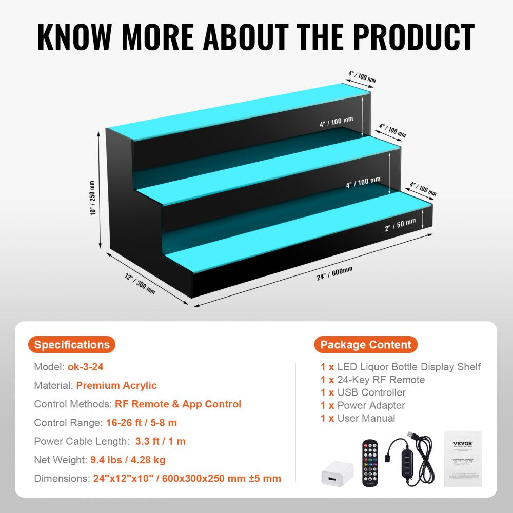 3 Layer 24 Inches - LED Acrylic 3-Tier Liquor Display Shelf for 18 Bottles