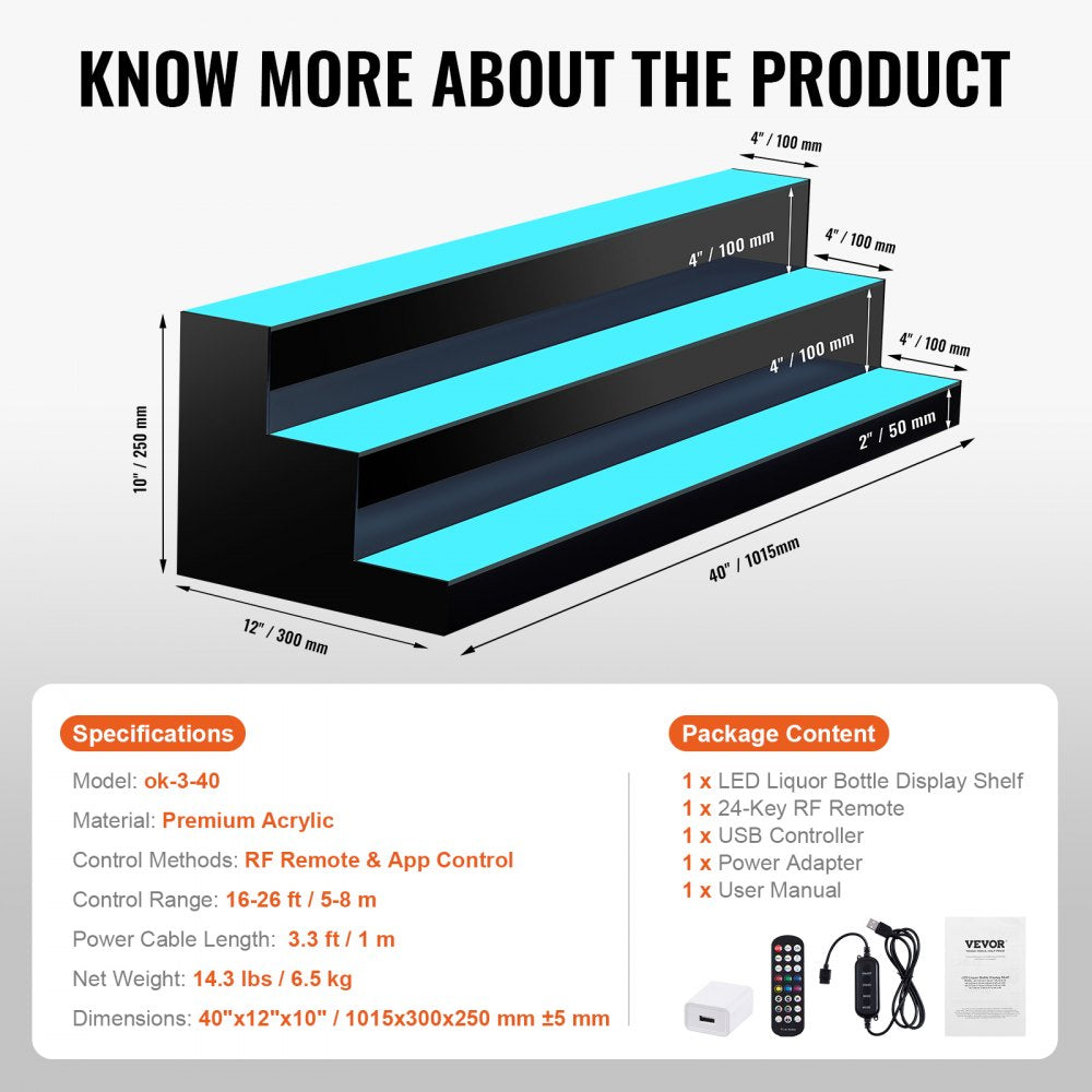 3 Layer 40 Inches - LED Illuminated Liquor Bottle Display with Remote Control