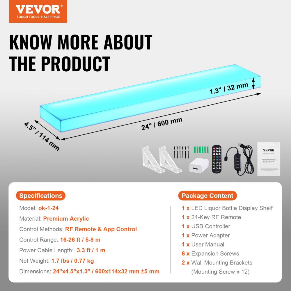 ok-1-24 - 24" LED Lighted Bar Shelf with App Control & Music Features